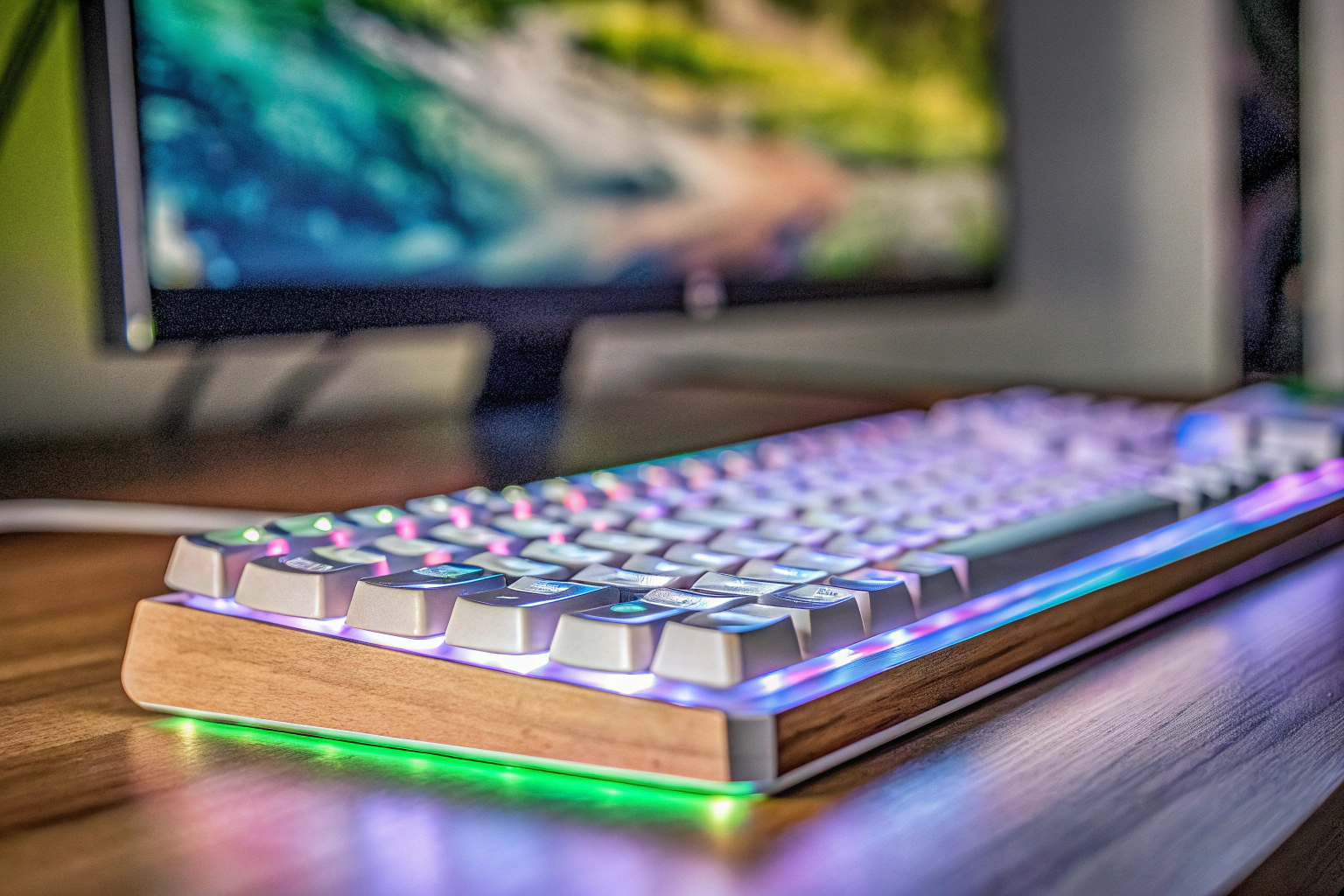 Detailaufnahme einer RGB-beleuchteten Tastatur in einem Gaming-Setup. RGB-beleuchtete Tastatur in einem Gaming-Setup