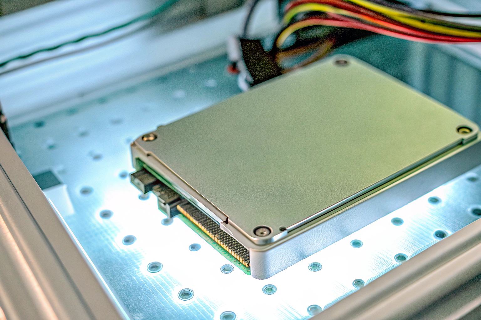Detailaufnahme einer SSD, die in ein Gaming-PC-Gehäuse eingebaut wird. SSD in einem Gaming-PC