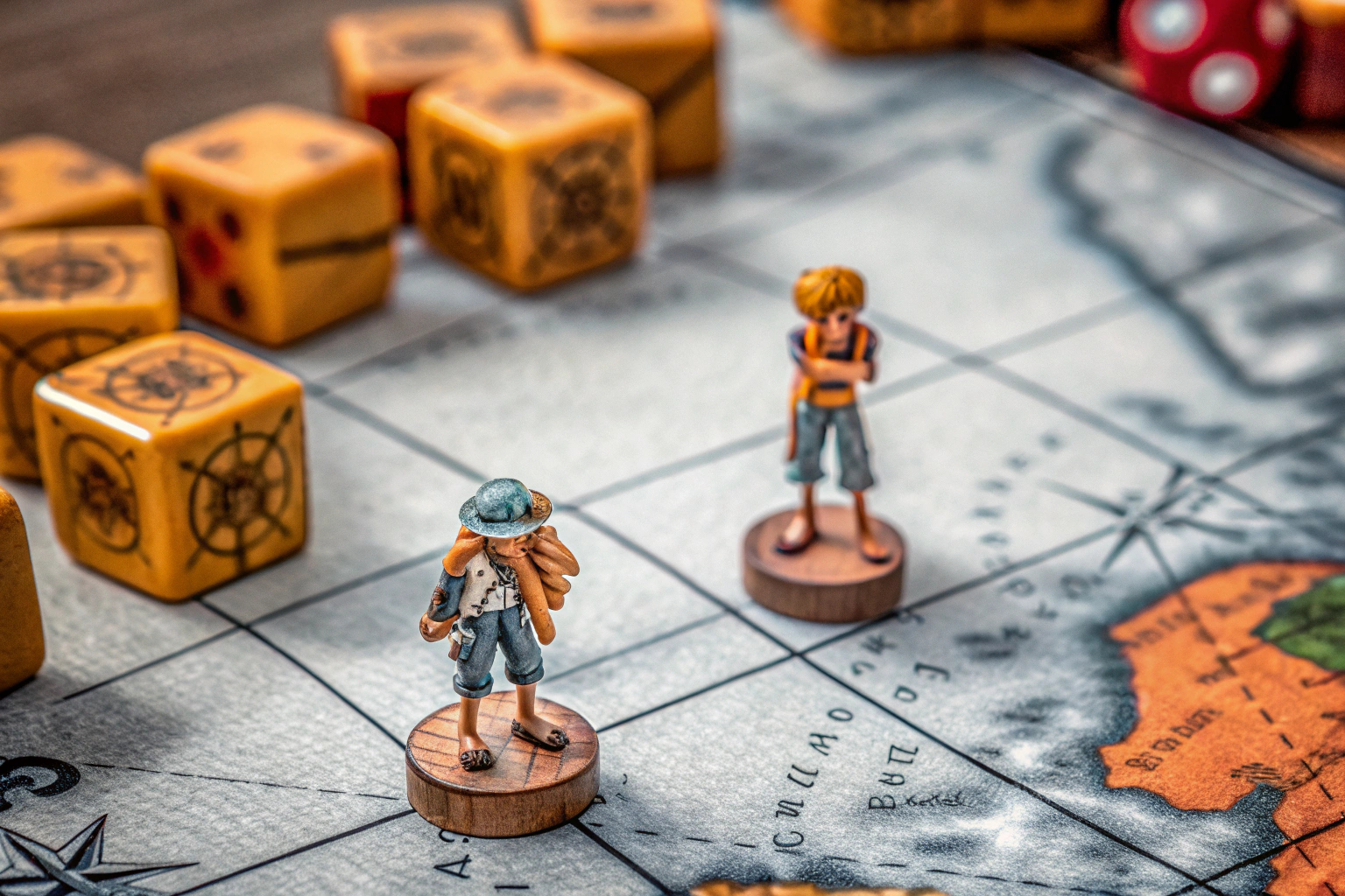 Detailaufnahme eines Anime-Brettspiels mit Spielfiguren und Spielbrett im One Piece Design. Anime-Brettspiel One Piece
