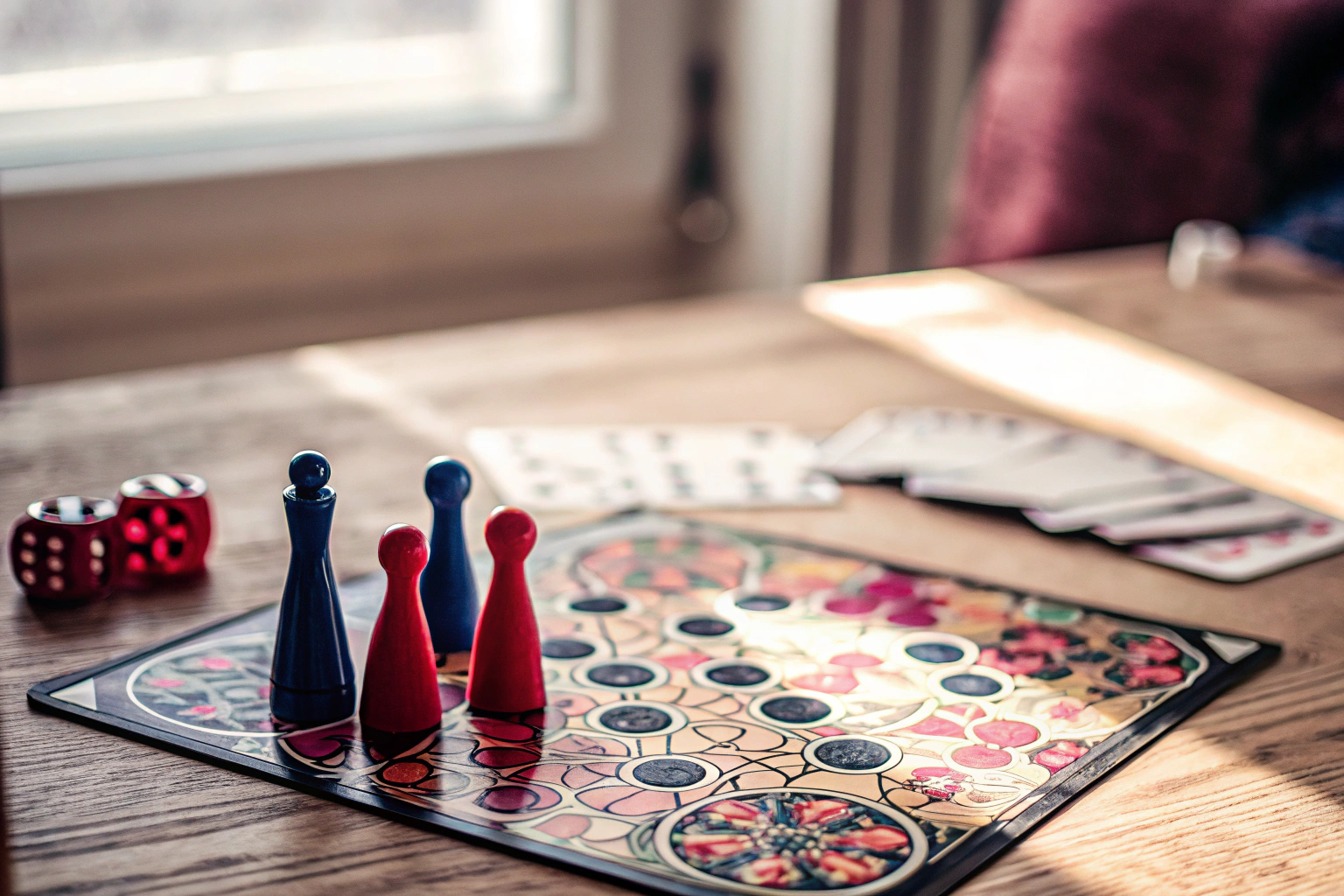 Detailaufnahme eines Brettspiels mit farbenfrohem Spielbrett und Spielfiguren, die eine unterhaltsame Spielrunde zeigen. Brettspiel mit farbenfrohem Spielbrett und Spielfiguren