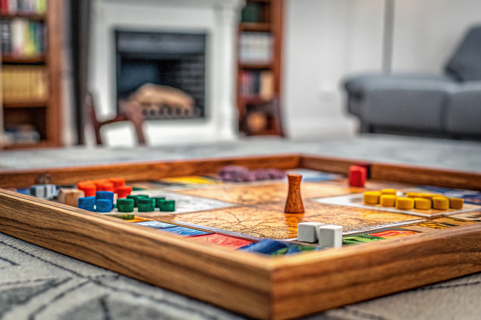 Detailaufnahme eines Brettspiels mit strategischen Elementen, das auf einem Tisch aufgebaut ist. Strategisches Brettspiel