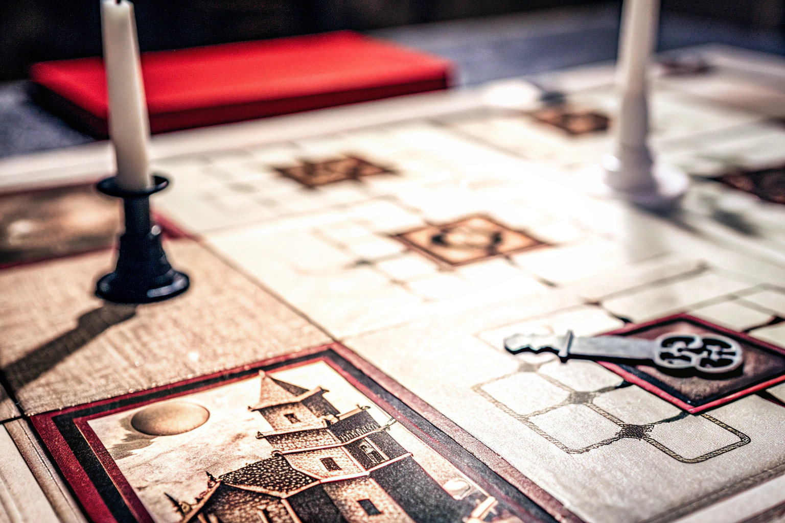 Detailaufnahme eines Escape Room Brettspiels mit spannenden Rätseln und Zubehör, perfekt für einen gruseligen Spieleabend. Escape Room Brettspiel