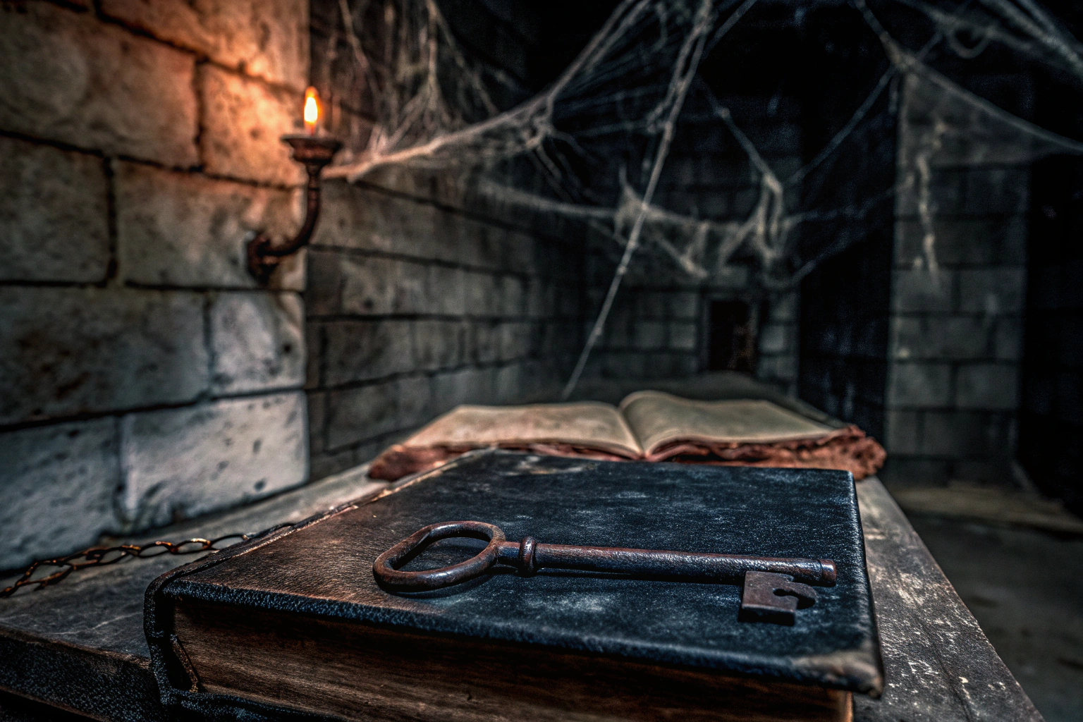 Detailaufnahme eines Escape Room Spiels, das in dunklen Katakomben spielt, mit geheimnisvollen und gruseligen Elementen. Katakomben Escape Room Spiel