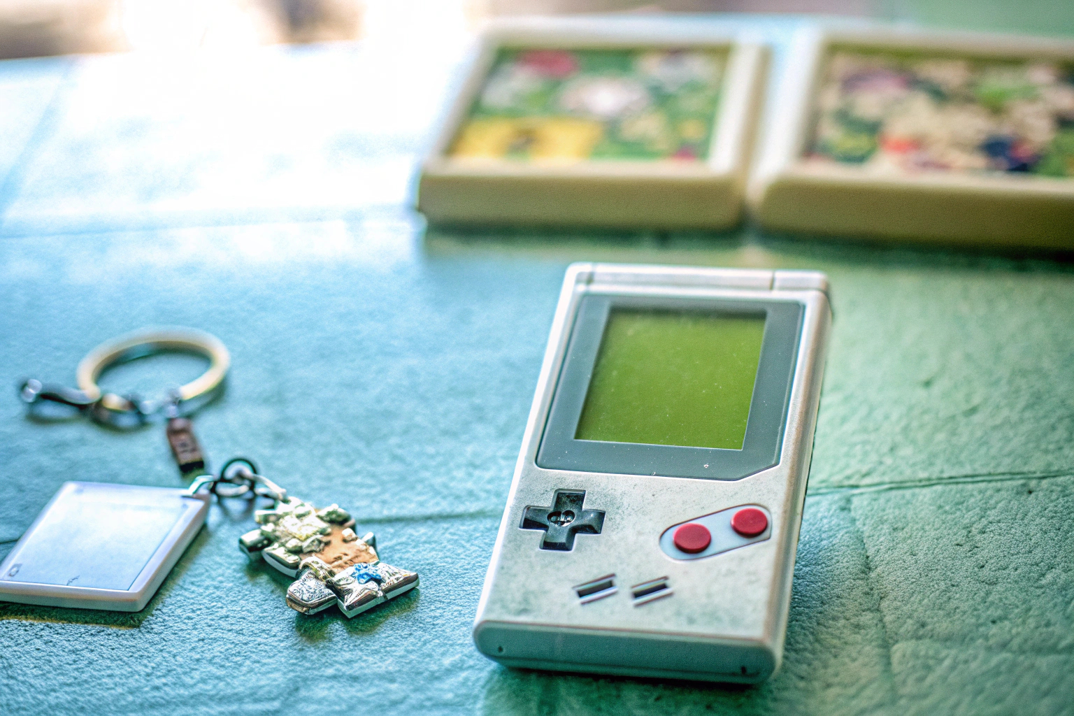 Detailaufnahme eines Game Boy Spiels, umgeben von Retro-Gaming-Accessoires. Game Boy Spiel und Zubehör