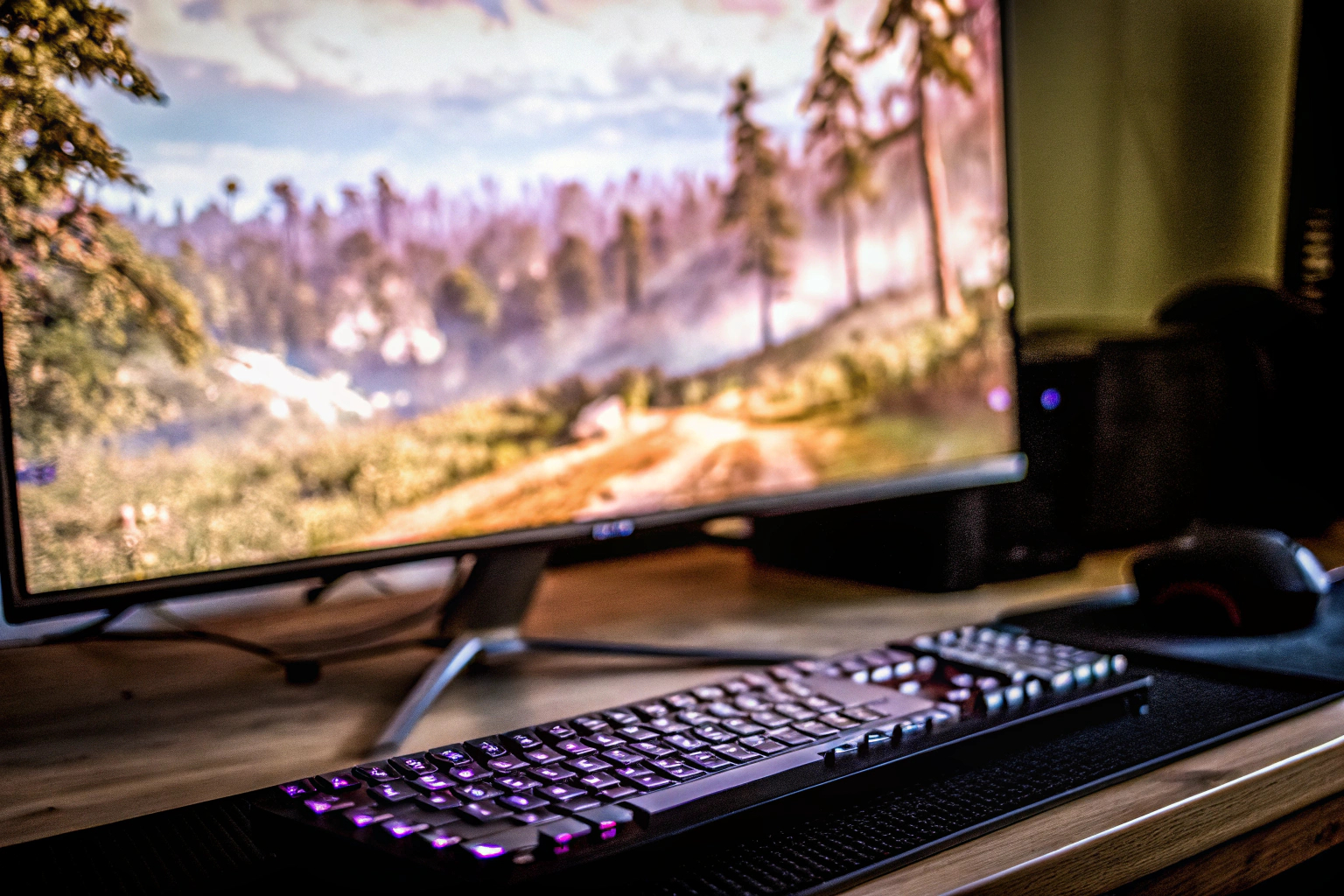 Detailaufnahme eines Gamers, der an einem 4K-Monitor spielt, umgeben von immersiver Grafik. Gamer vor einem 4K-Monitor