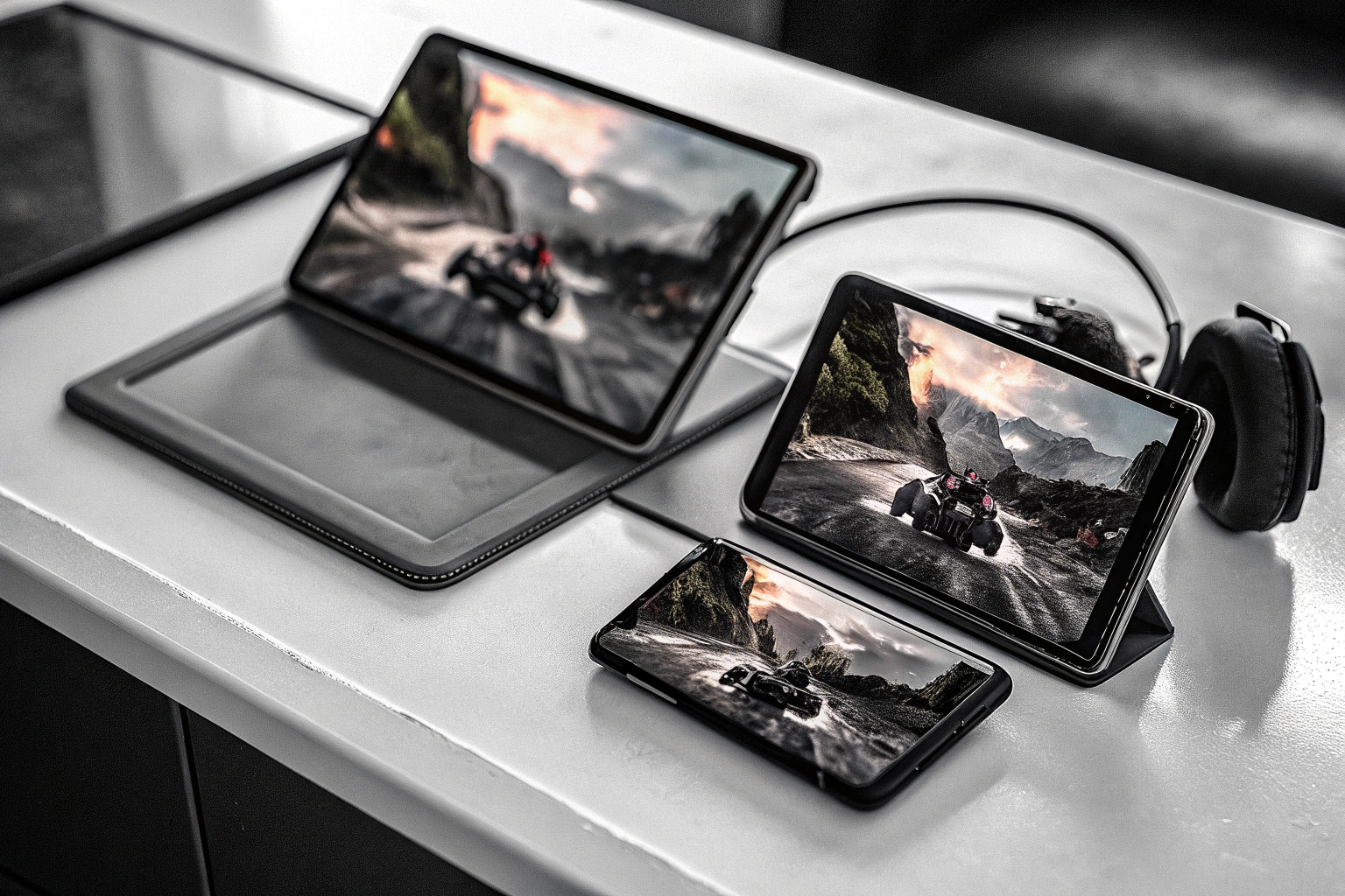 Detailaufnahme eines Gamers, der auf verschiedenen Geräten Cloud Gaming spielt. Gamer spielt Cloud Gaming auf verschiedenen Geräten