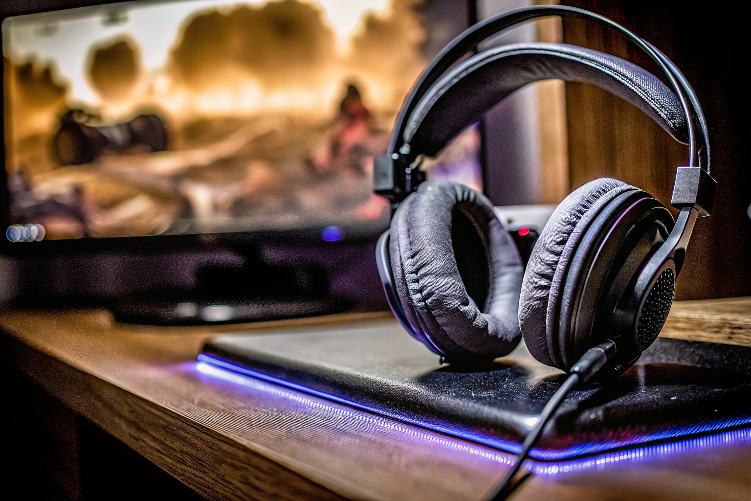 Detailaufnahme eines Gamers, der ein hochwertiges Gaming-Headset trägt, während er intensiv spielt. Gamer mit Headset