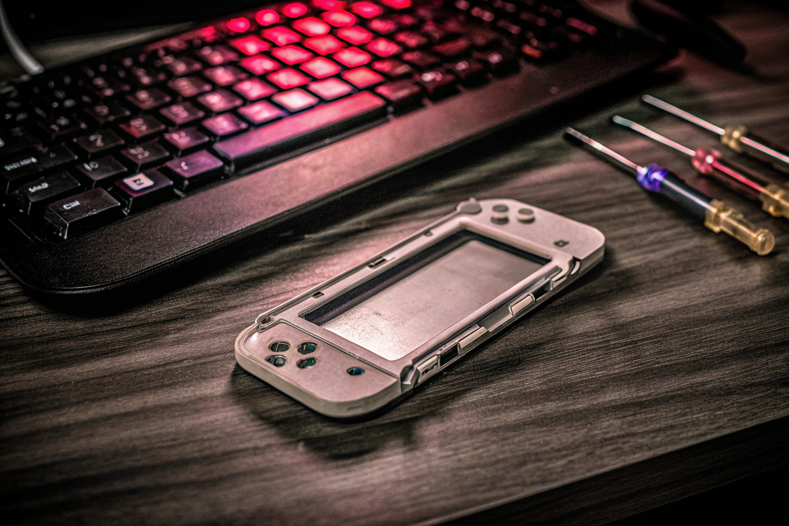 Detailaufnahme eines Gamers, der seine Switch-Konsole mit dem RCM Jig modifiziert. Gamer modifiziert Switch mit RCM Jig