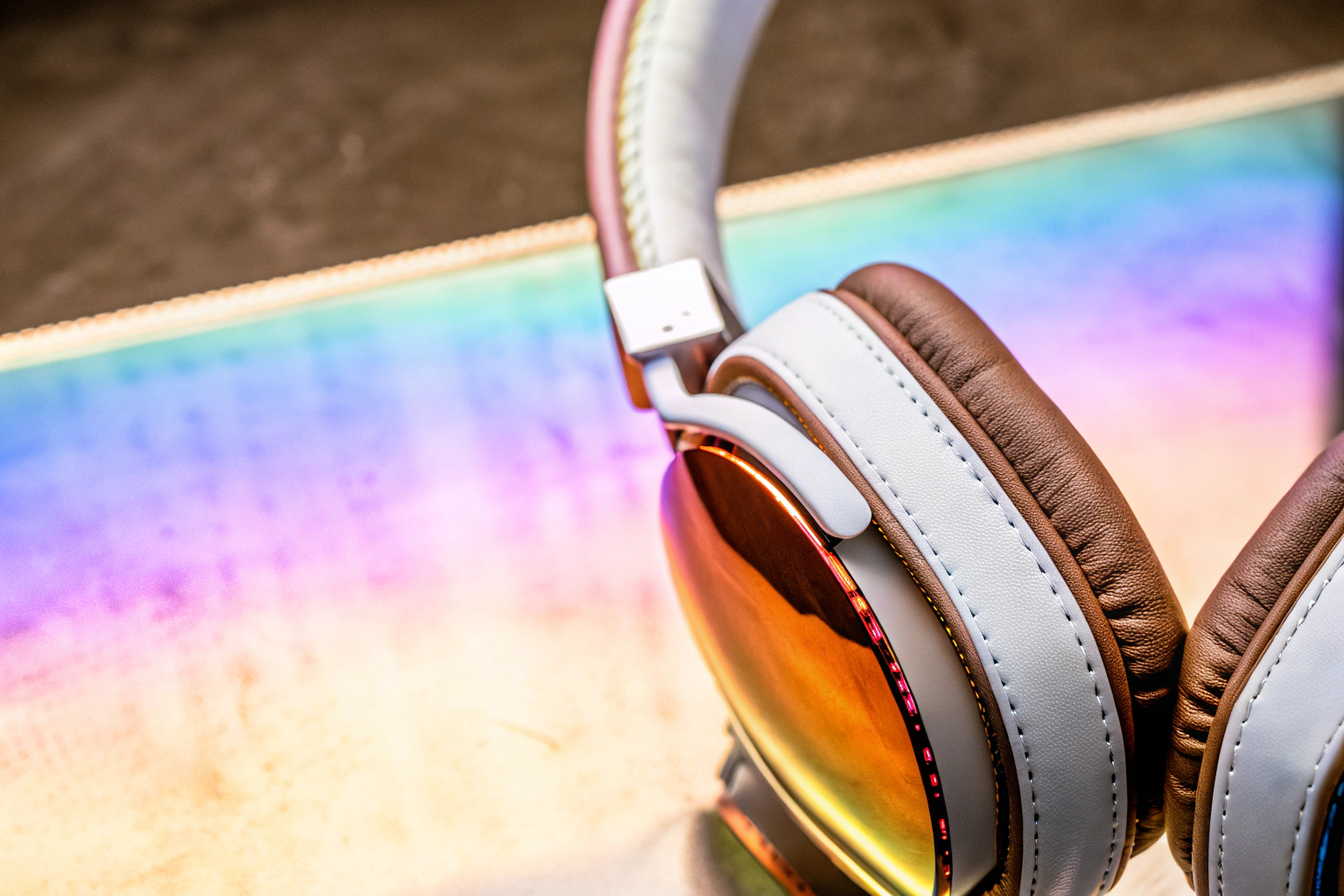 Detailaufnahme eines Gaming-Headsets mit auffälligen RGB-Leuchten Gaming-Headset mit RGB-Leuchten