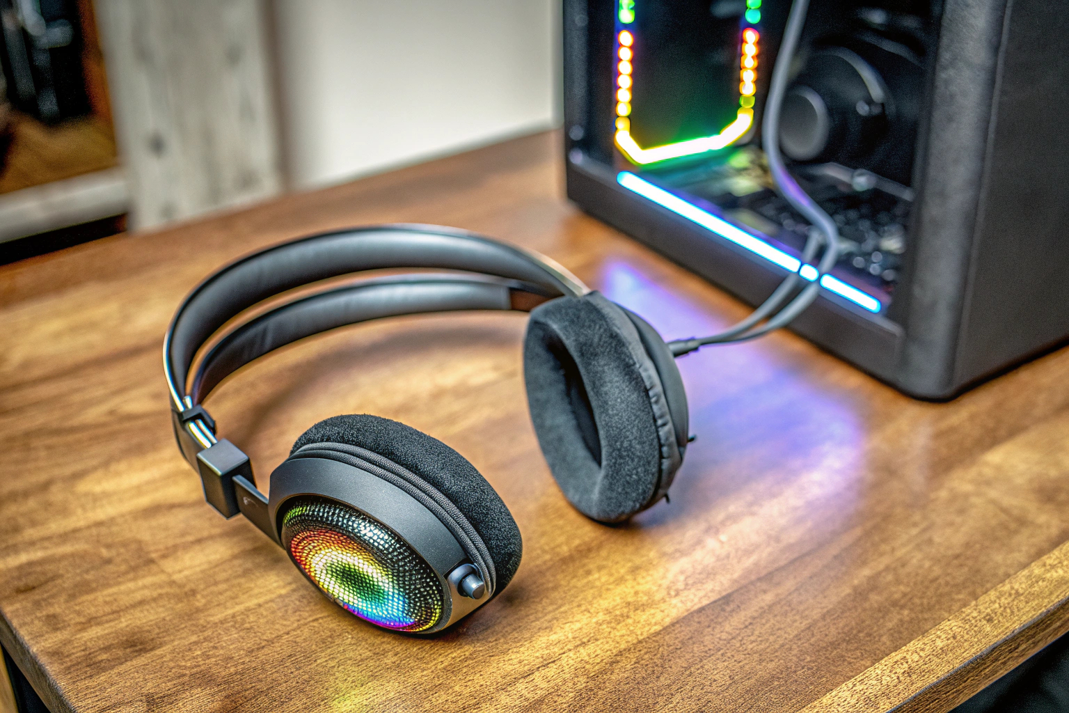 Detailaufnahme eines Gaming-Headsets mit RGB-Beleuchtung, das auf einem Schreibtisch neben einem Gaming-PC liegt. Gaming-Headset mit RGB
