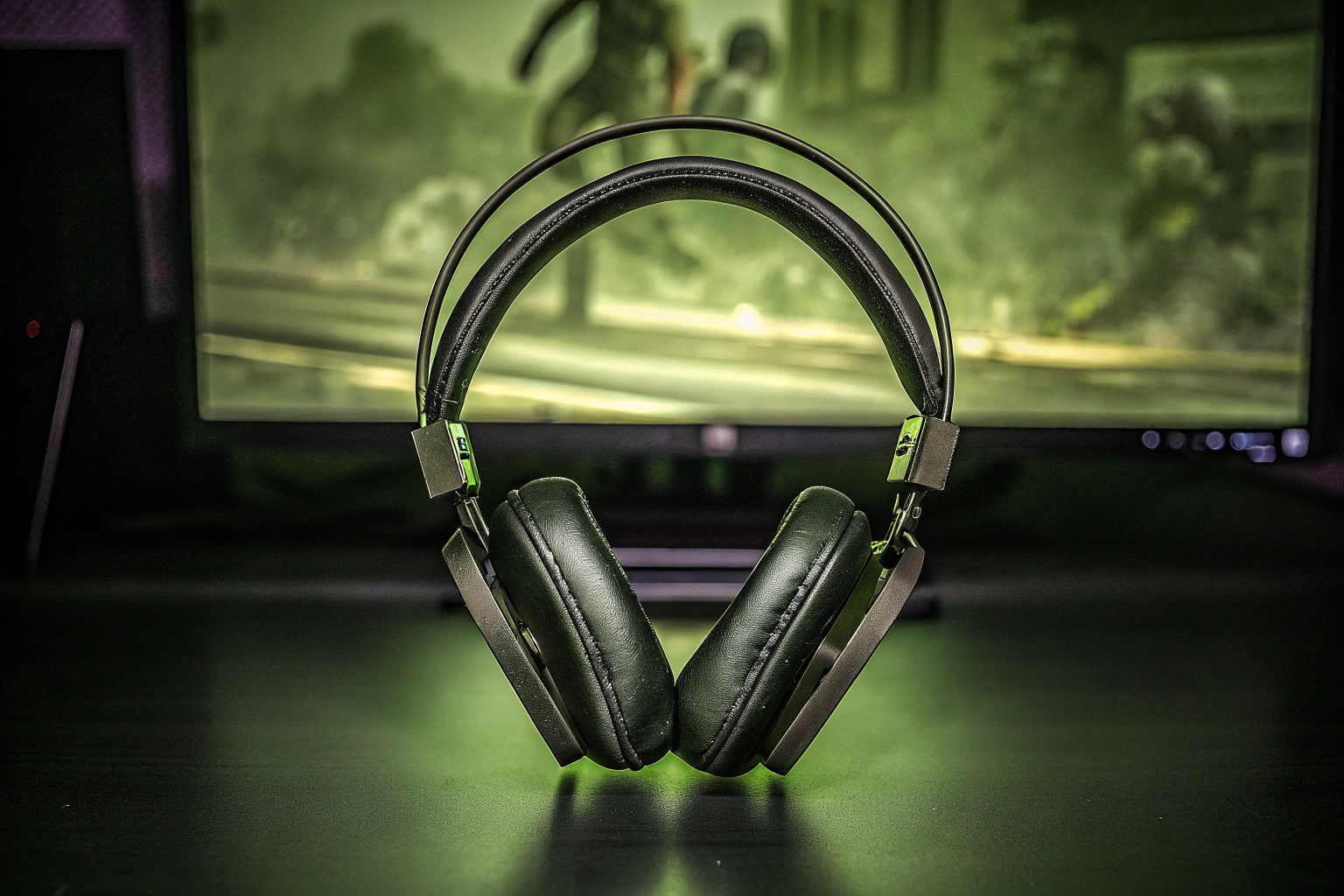 Detailaufnahme eines Gaming-Headsets während des Spielens. Gaming-Headset im Einsatz