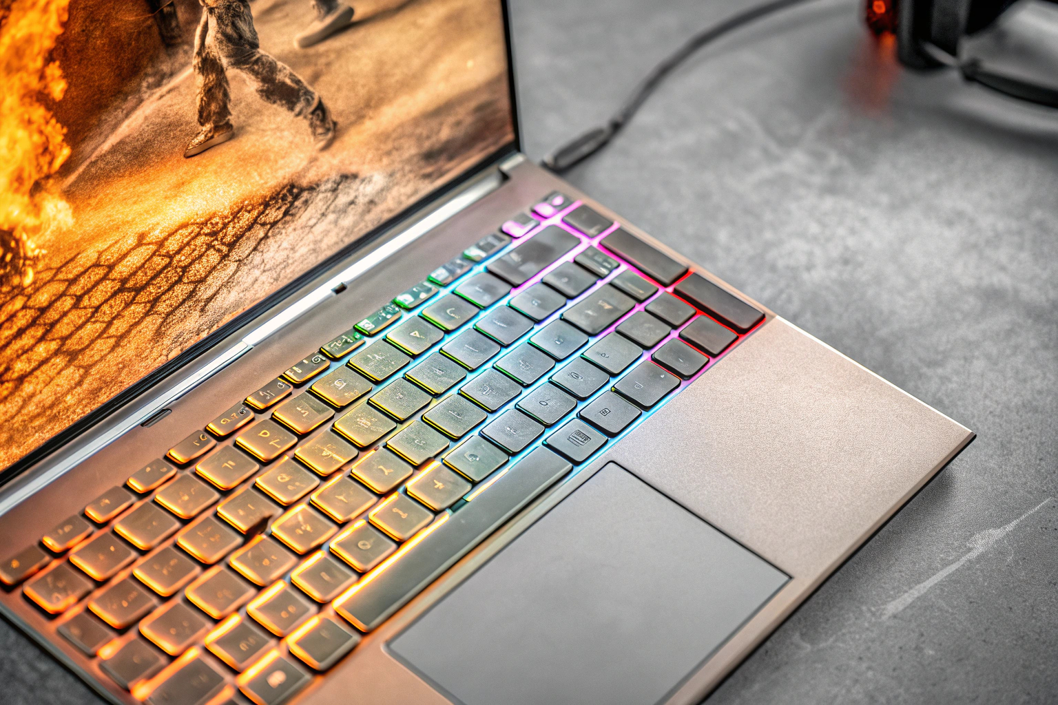 Detailaufnahme eines Gaming-Laptops mit RGB-Beleuchtung, das ein intensives Spielerlebnis bietet. Gaming-Laptop mit RGB-Beleuchtung