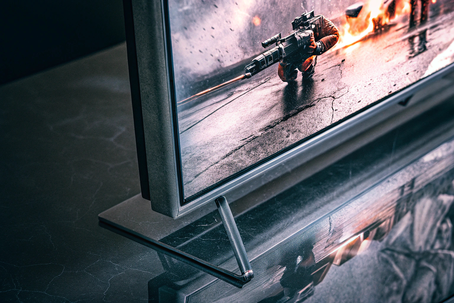 Detailaufnahme eines Gaming-Monitors, der ein actionreiches Spiel zeigt. Gaming-Monitor mit actionreichem Spiel
