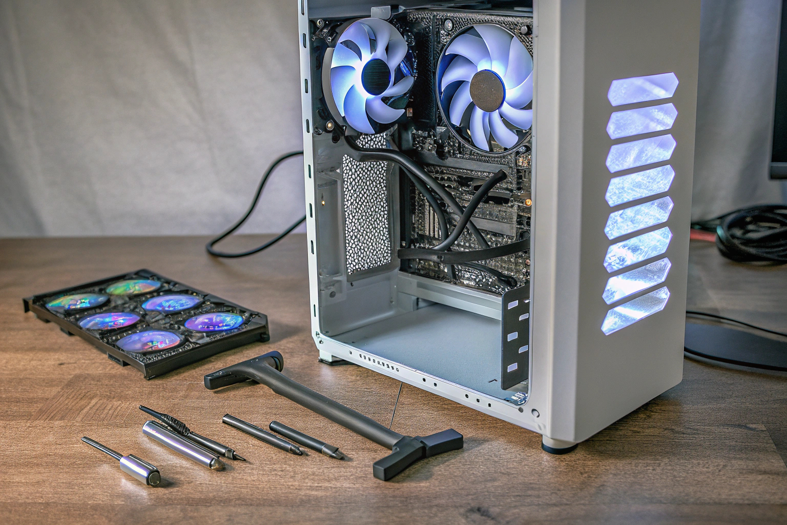 Detailaufnahme eines Gaming-PCs im Aufbau mit verschiedenen Komponenten. Gaming-PC Aufbau