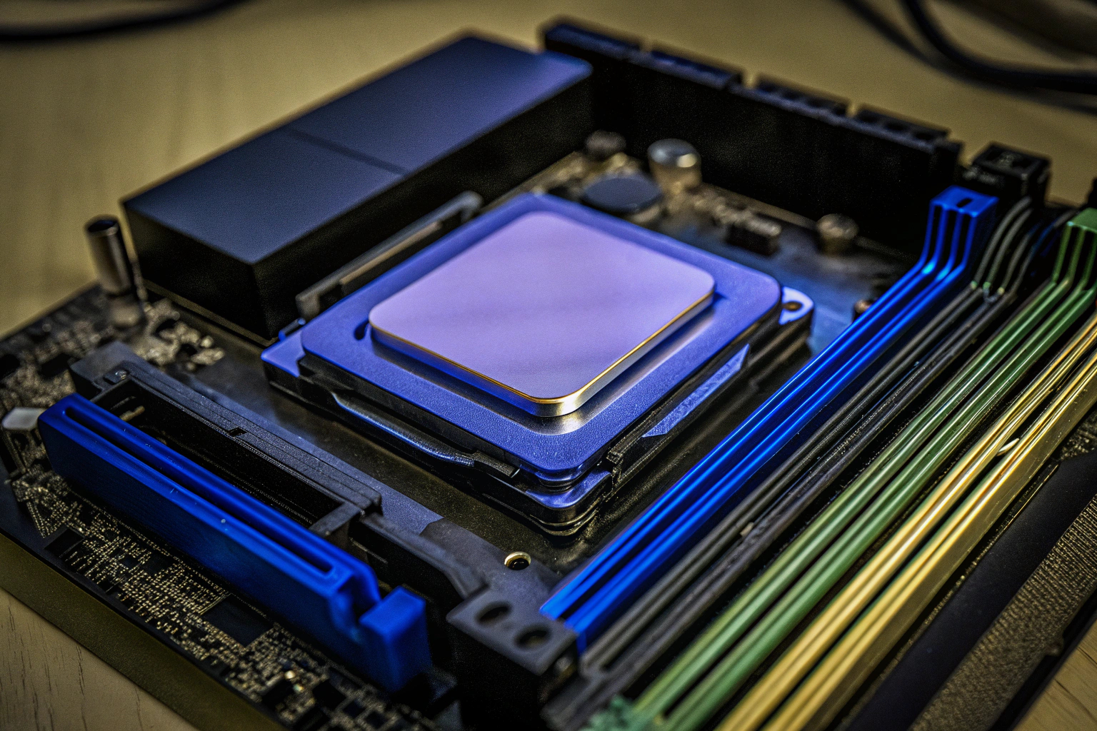 Detailaufnahme eines Gaming-PCs im Aufbau mit verschiedenen Komponenten wie CPU, GPU und RAM. Gaming-PC-Aufbau mit Komponenten