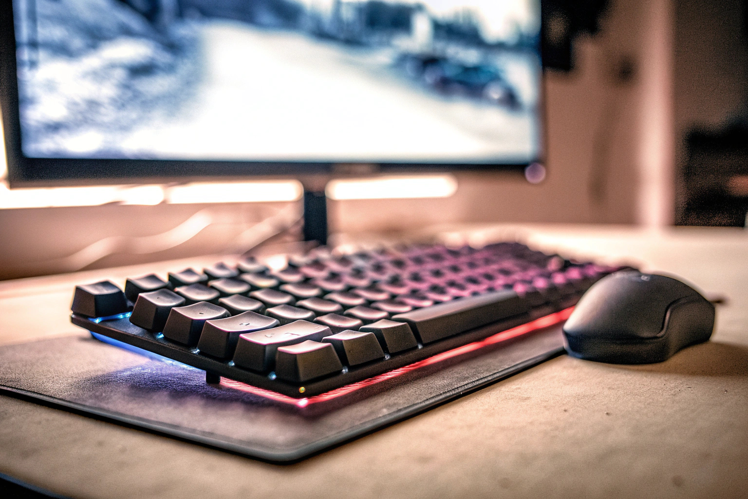 Detailaufnahme eines Gaming-Setups mit beleuchteter Tastatur und Maus. Gaming-Setup mit beleuchteter Tastatur und Maus