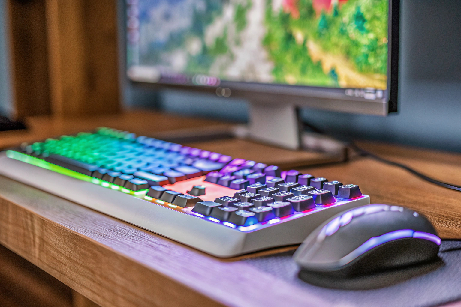 Detailaufnahme eines Gaming-Setups mit einem modernen Monitor, Tastatur und Maus. Gaming-Setup mit modernem Monitor
