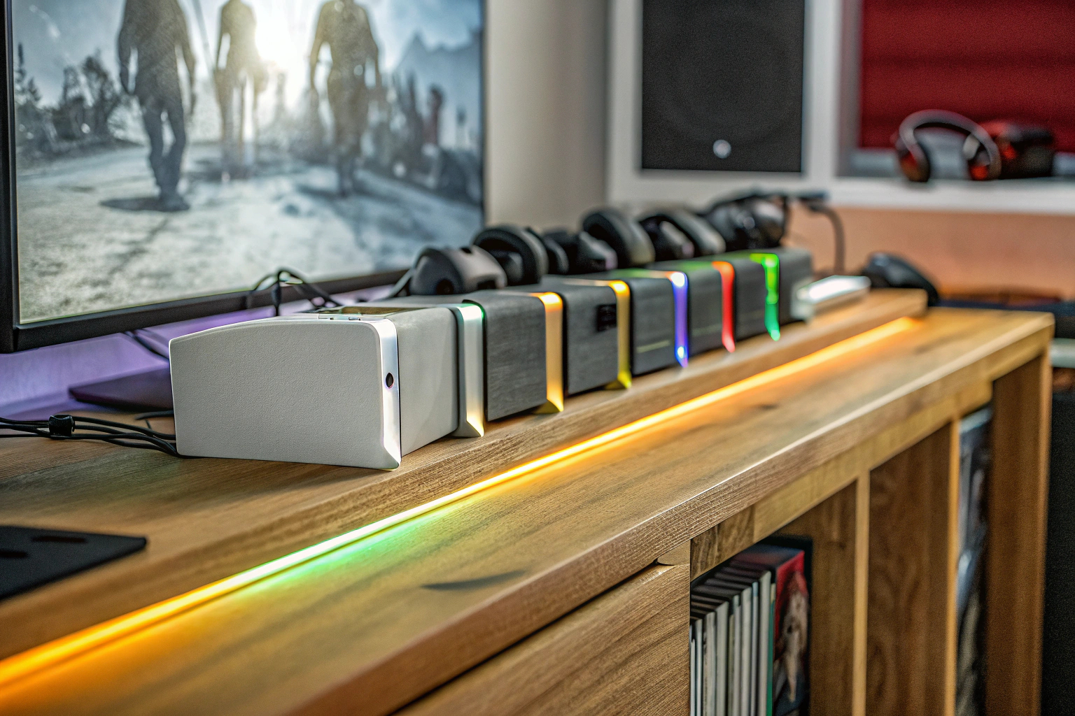 Detailaufnahme eines Gaming-Setups mit LED-Beleuchtung und verschiedenen Konsolen. Gaming-Setup mit LED-Beleuchtung