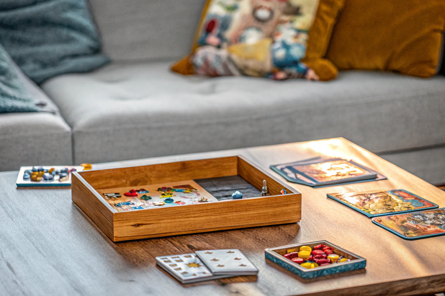 Detailaufnahme eines gemütlichen Spieleabends mit verschiedenen Brett- und Kartenspielen auf dem Tisch. Spieleabend mit Familie