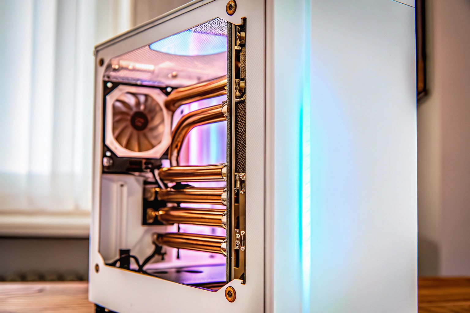 Detailaufnahme eines High-End-Gaming-PCs mit fortschrittlichen Kühltechnologien. High-End-Gaming-PC mit fortschrittlicher Kühlung