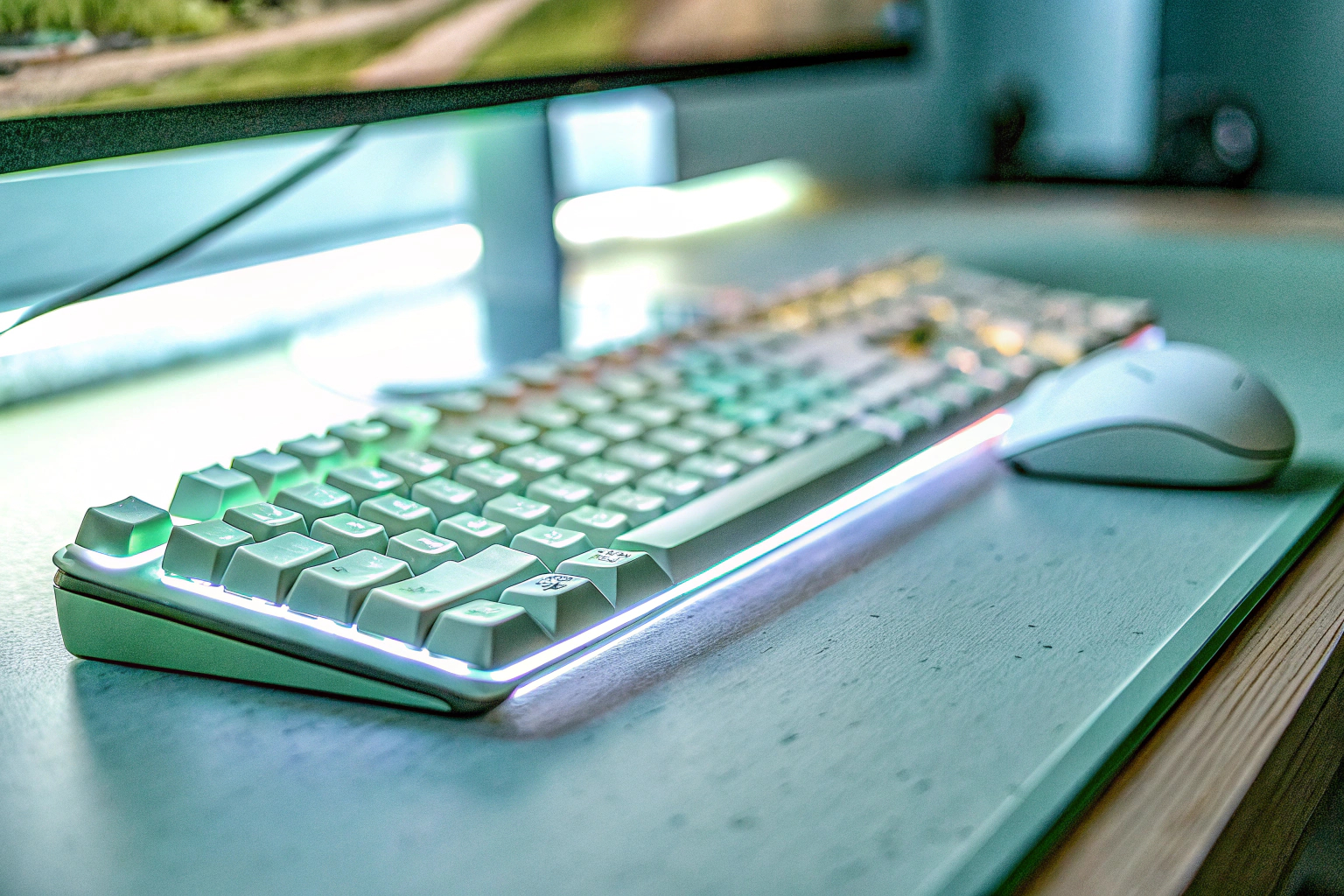 Detailaufnahme eines hochwertigen Gaming-Setups mit RGB-Beleuchtung und modernen Peripheriegeräten. Gaming-Setup mit RGB-Beleuchtung