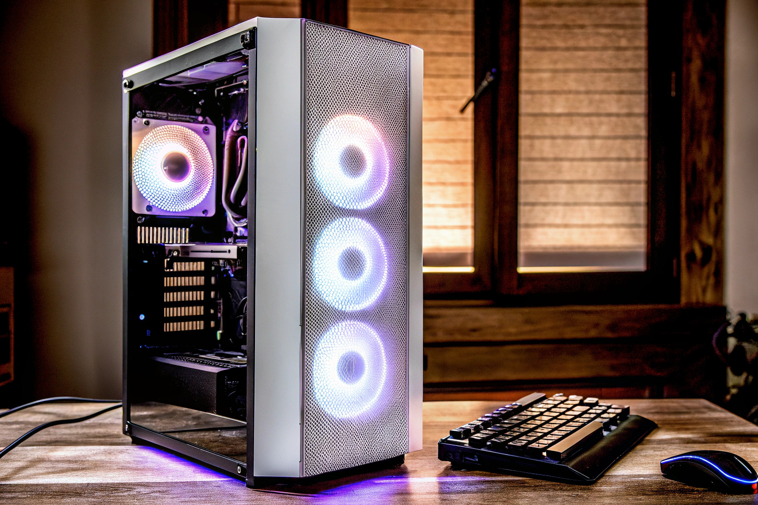 Detailaufnahme eines leistungsstarken Gaming-PCs mit RGB-Beleuchtung, ideal für ein Gaming-Geschäft. Leistungsstarker Gaming-PC mit RGB-Beleuchtung