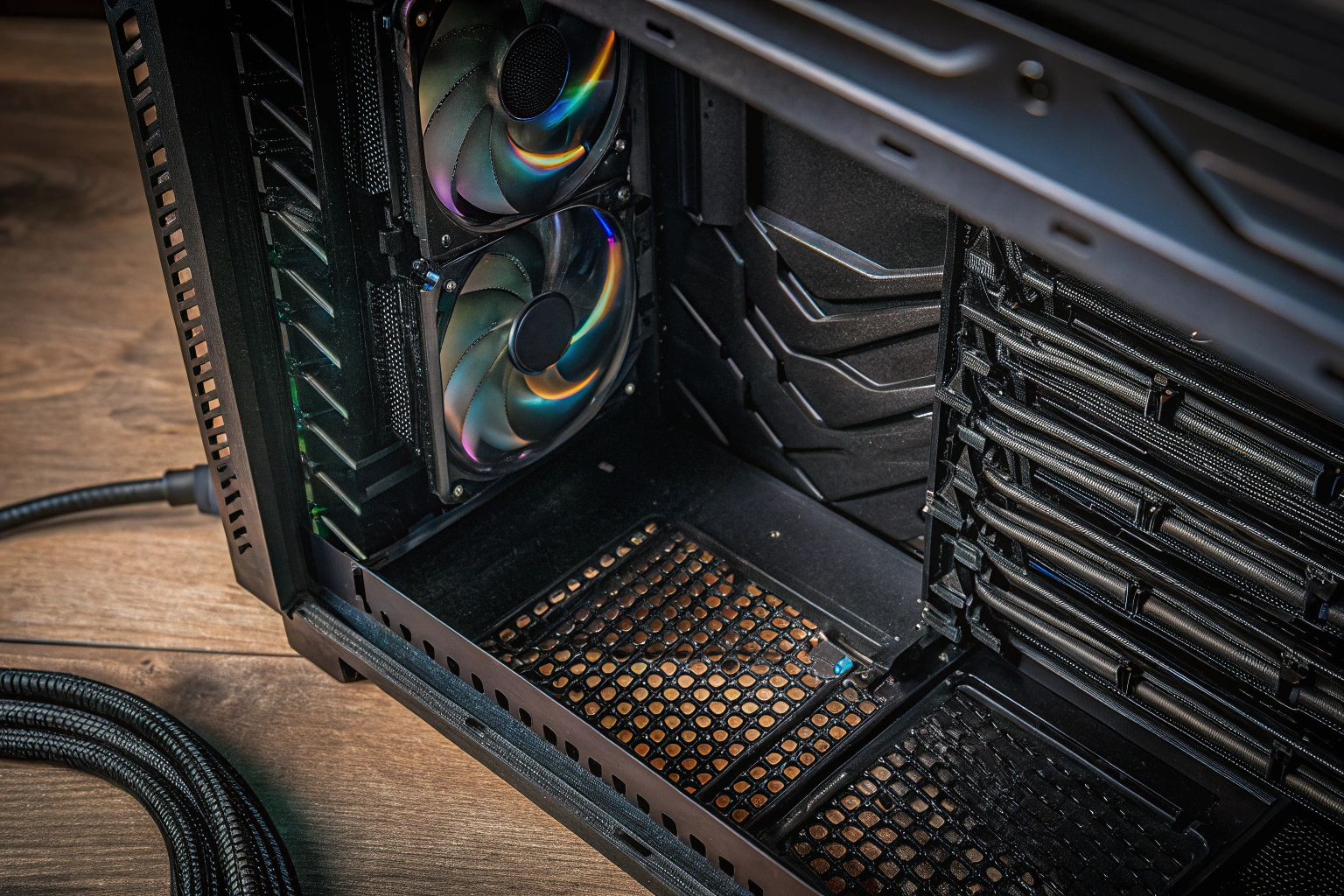 Detailaufnahme eines Luftkühlers im Gehäuse eines Gaming-PCs. Luftkühler im Gaming-PC