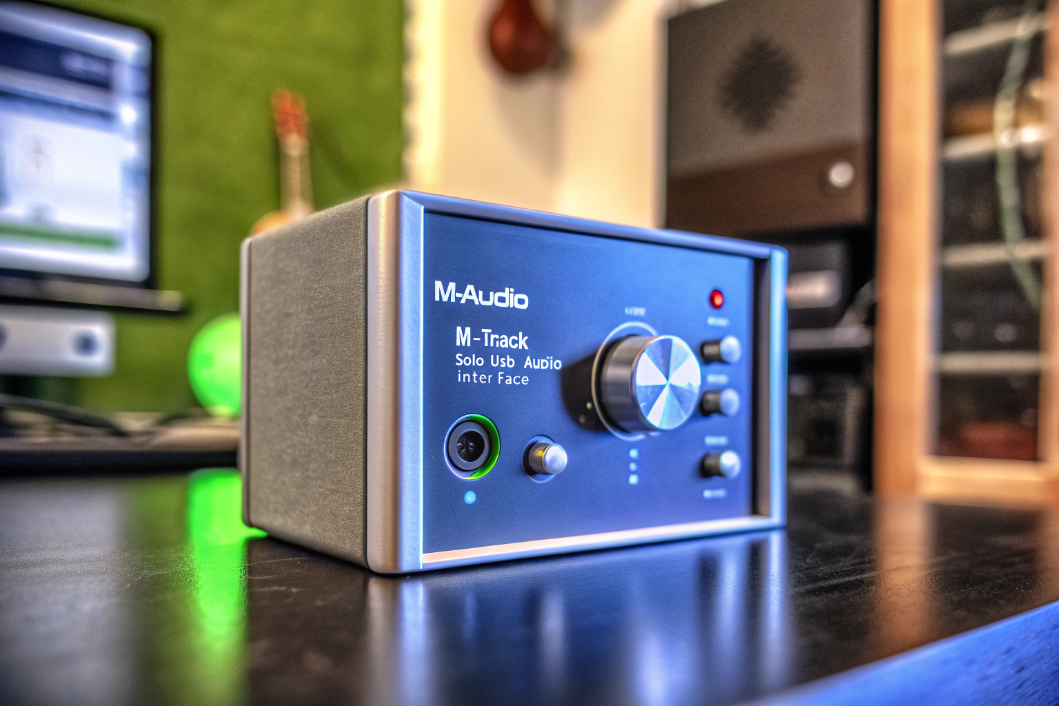 Detailaufnahme eines M-Audio M-Track Solo USB Audio Interfaces, perfekt für Musiker und Streamer. M-Audio M-Track Solo USB Audio Interface