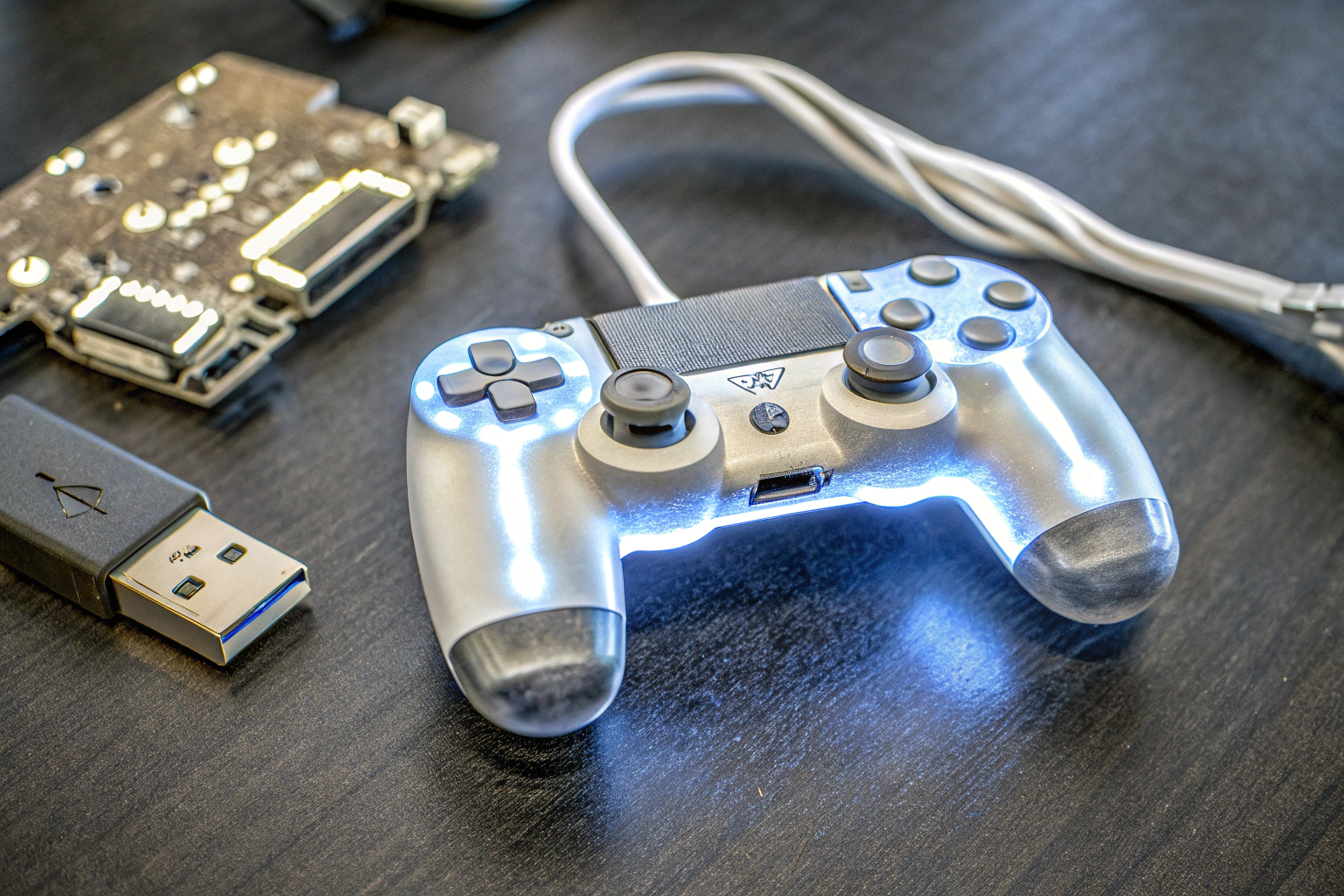 Detailaufnahme eines Modding-Tools mit Kabel und USB-Dongle, ideal für PS4-Modifikationen. Modding-Tool für PS4