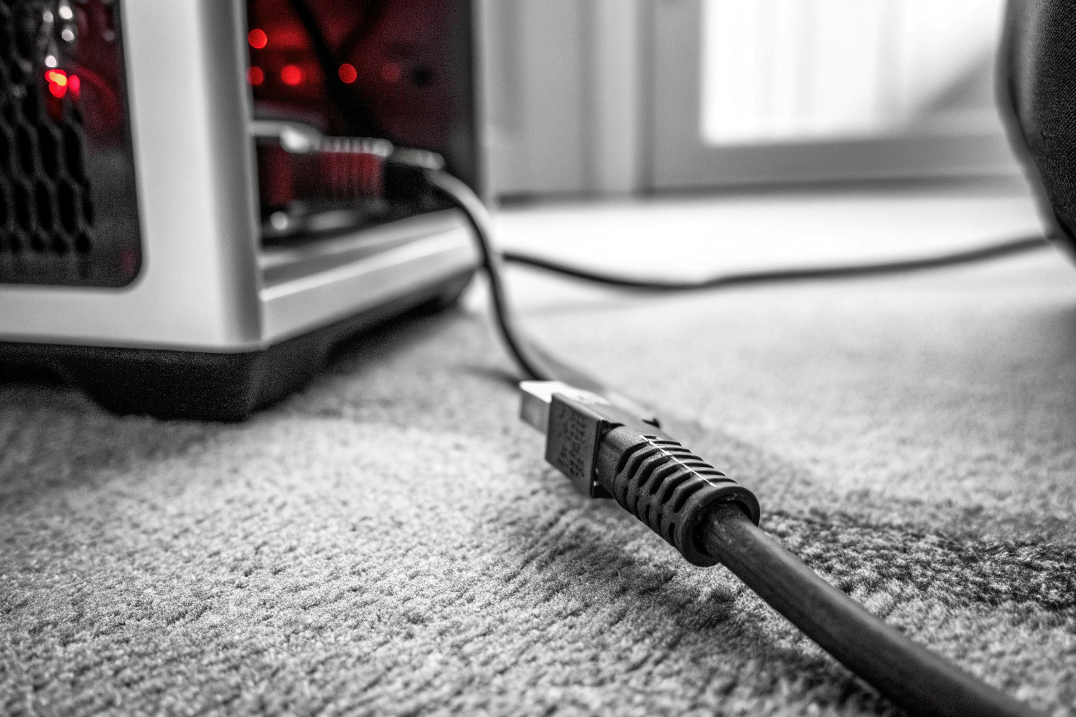 Detailaufnahme eines Netzwerkkabels, das an einen Gaming-PC angeschlossen ist. Netzwerkkabel an Gaming-PC