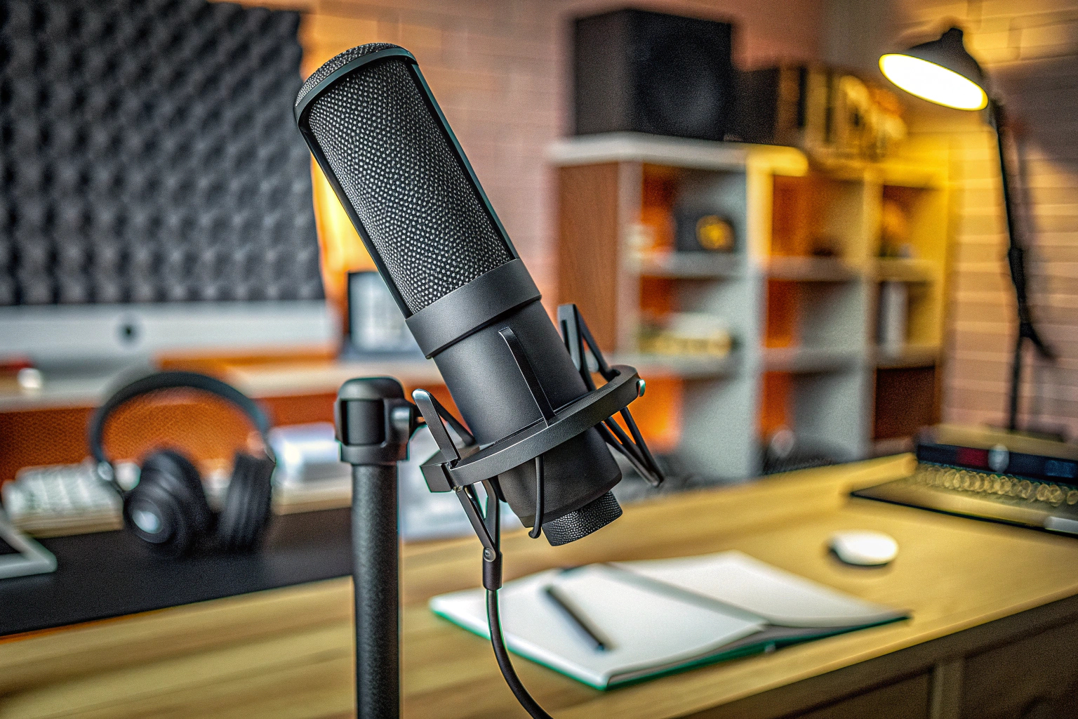 Detailaufnahme eines Podcast-Mikrofons mit einem Mikrofonarm in einem Heimstudio-Setup. Podcast-Mikrofon mit Mikrofonarm