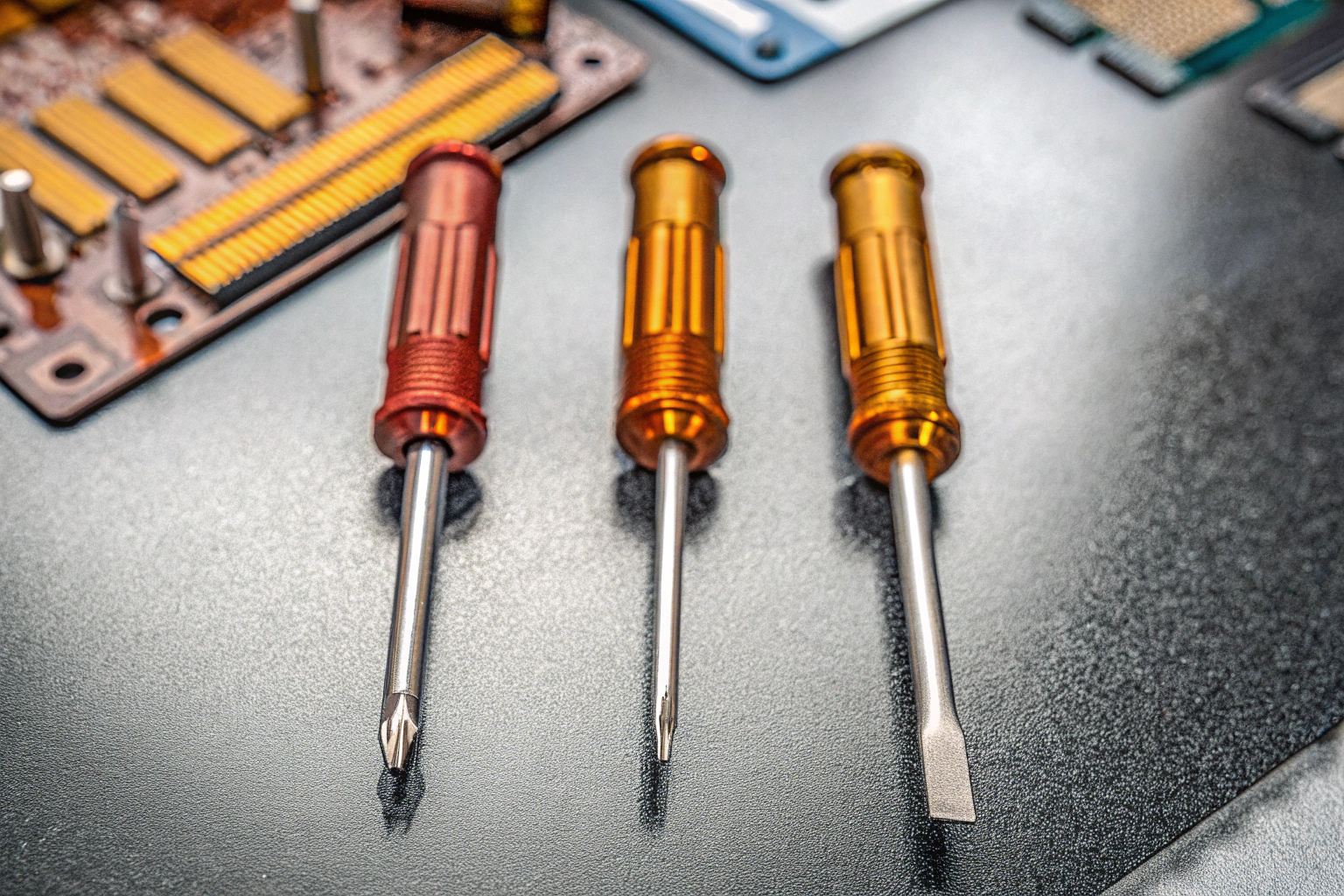 Detailaufnahme eines präzisen Schraubendreher-Sets, perfekt für den PC-Bau. Präzisions-Schraubendreher-Set