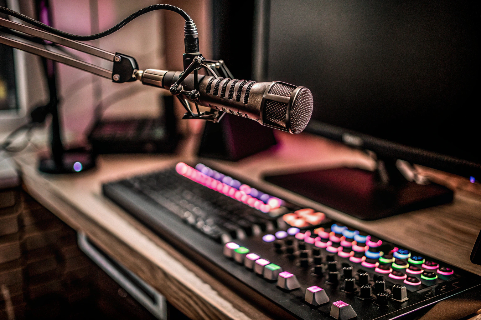 Detailaufnahme eines professionellen Streaming-Setups mit Mikrofon und Mischpult, perfekt für angehende Twitch-Streamer. Professionelles Streaming-Setup