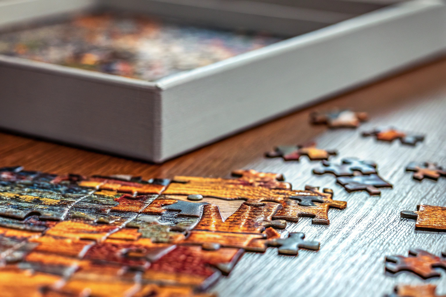 Detailaufnahme eines Puzzles in Arbeit, mit Fokus auf die unterschiedlichen Teile und Formen. Puzzle in Arbeit