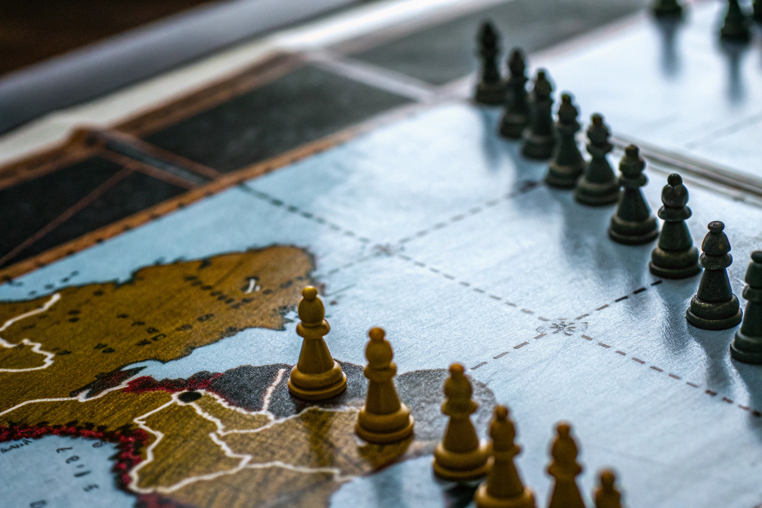 Detailaufnahme eines Spielbretts von Risiko, auf dem Armeen strategisch platziert sind. Risikospielbrett mit Armeen