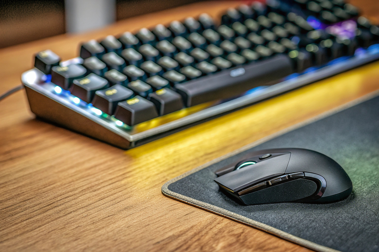 Detailaufnahme eines Spielers, der eine mobile Tastatur und Maus verwendet. Mobile Tastatur und Maus für Gaming
