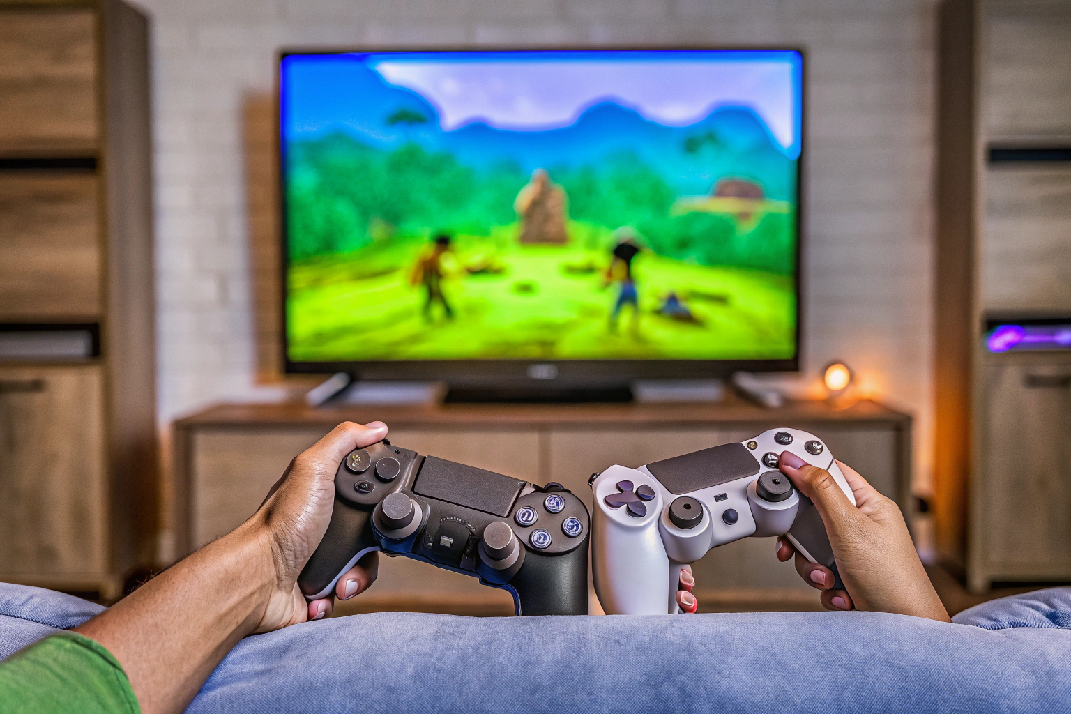 Detailaufnahme eines Spieles, das im Koop-Modus gespielt wird. Zwei Spieler sitzen auf dem Sofa und spielen gemeinsam auf der PlayStation 4, während sie Spaß haben. Zwei Spieler im Koop-Modus auf der PS4