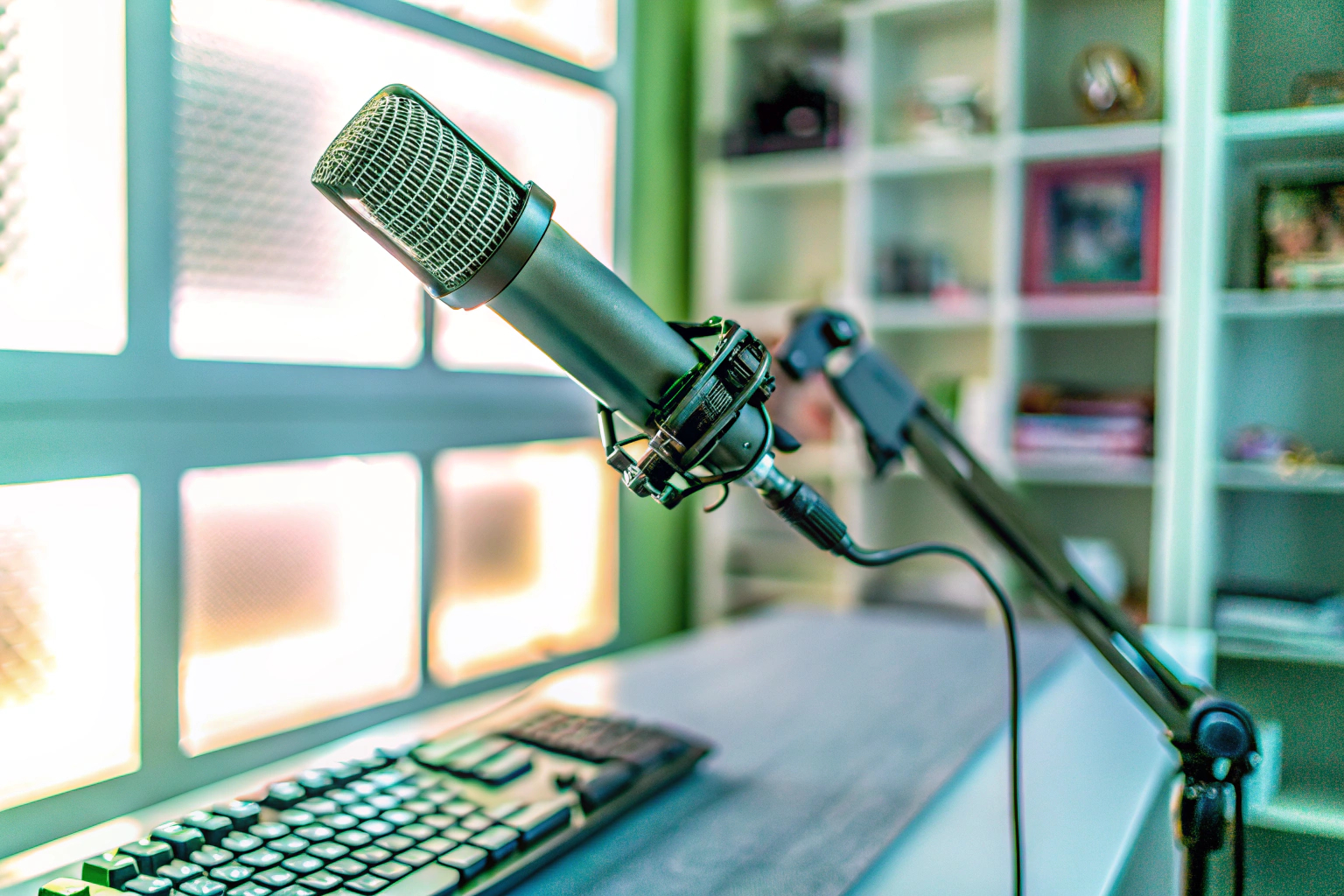 Detailaufnahme eines Streamers bei der Arbeit mit einem hochwertigen Setup, einschließlich Mikrofon, Kamera und Beleuchtung. Streamer-Setup mit Mikrofon und Kamera