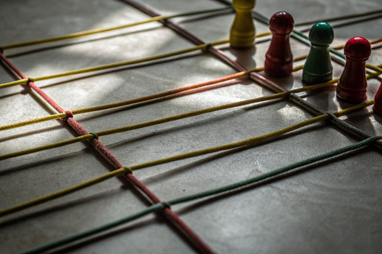 Detailaufnahme eines Triggle Spiels mit bunten Spielfiguren und Gummibändern. Triggle Spiel mit bunten Spielfiguren