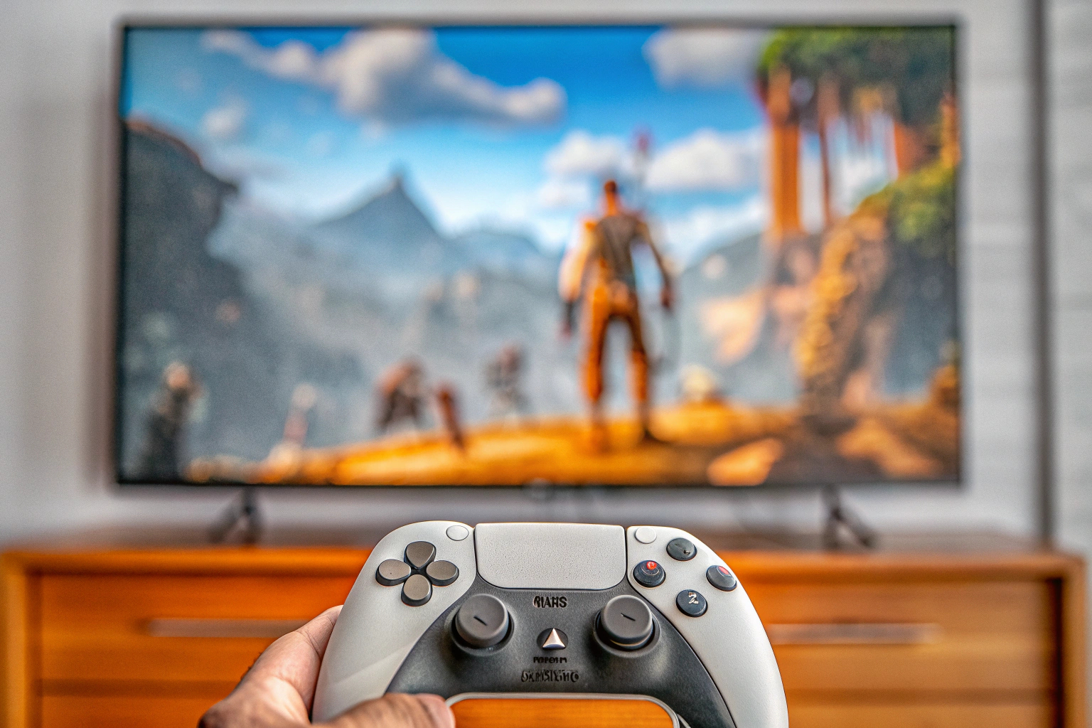 Detailaufnahme eines Videospiels, das auf einem großen Bildschirm gespielt wird, mit beeindruckender Grafik und lebendigen Farben. Videospiel mit beeindruckender Grafik