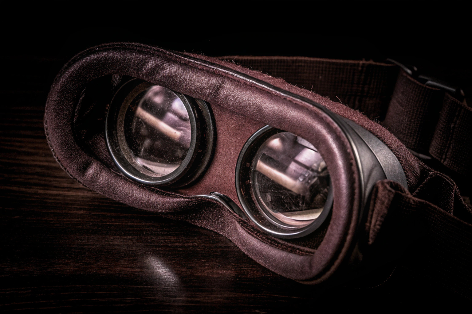 Detailaufnahme eines VR-Headsets, das die hochwertigen Linsen und das ergonomische Design zeigt. VR-Headset mit hochwertigen Linsen