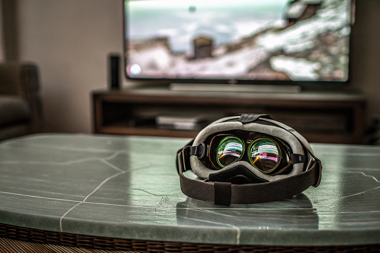 Detailaufnahme eines VR-Headsets im Einsatz, das zeigt, wie immersiv die Erfahrung mit einem modernen VR-Headset sein kann. VR-Headset im Einsatz