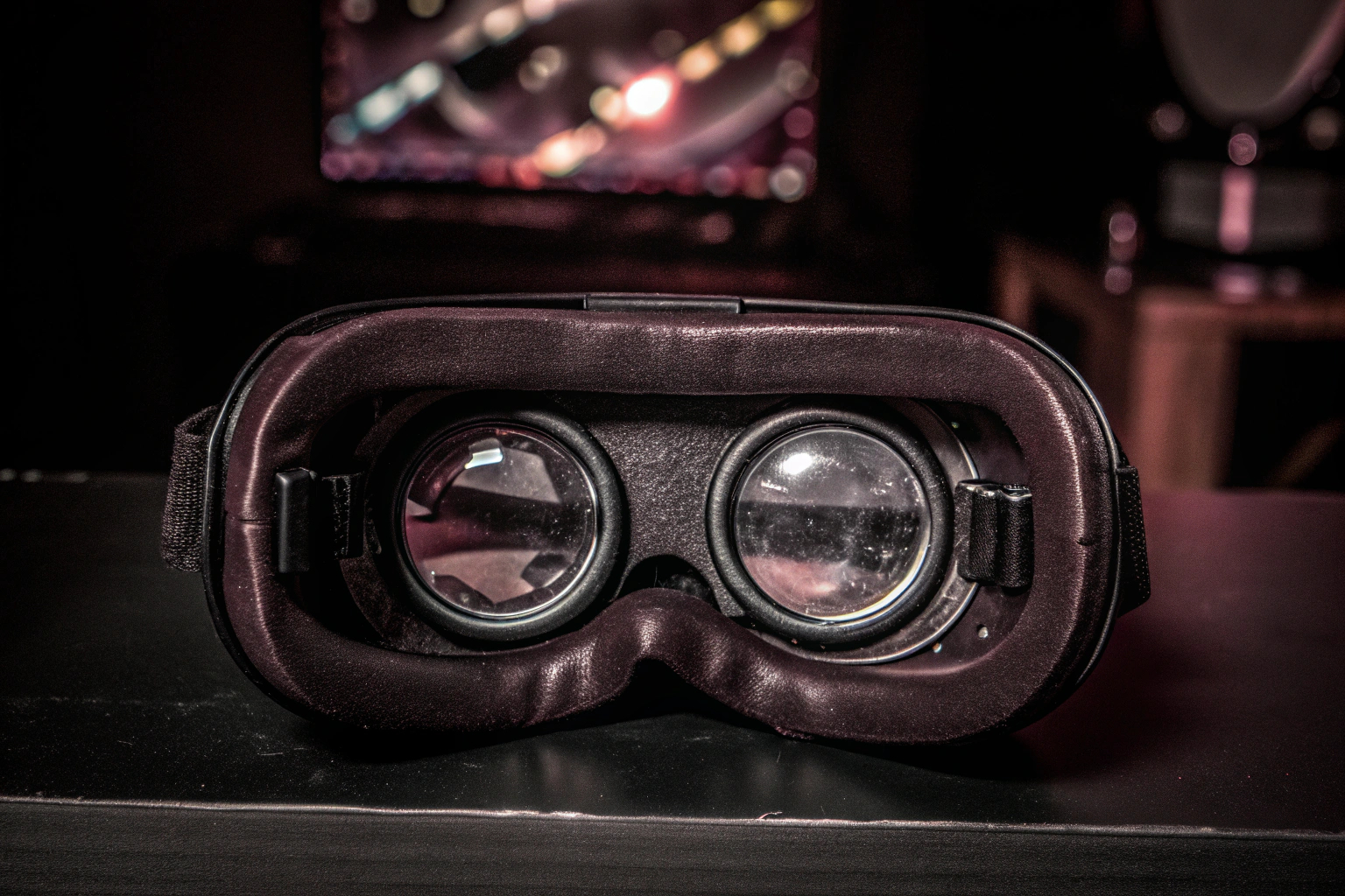 Detailaufnahme eines VR-Headsets mit Fokus auf die Linsen, die eine klare und immersive Sicht ermöglichen. VR-Headset Detailaufnahme