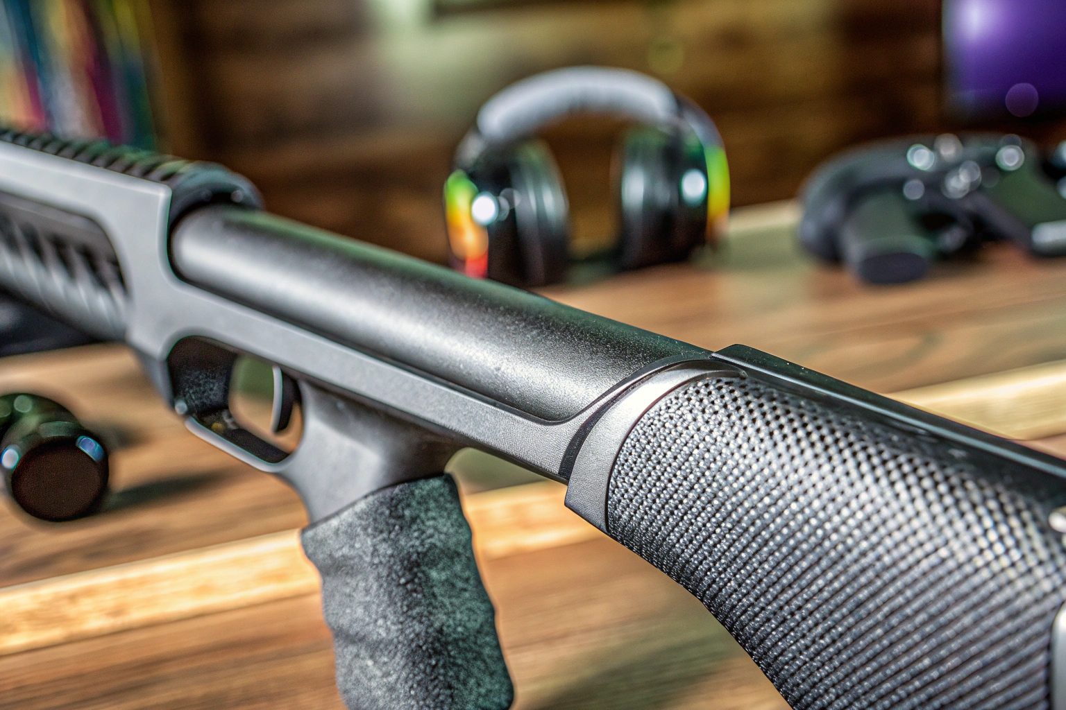 Detailaufnahme eines VR-Spielers in Aktion, der mit dem AMVR Gun Stock Cover spielt. VR-Spieler mit AMVR Gun Stock Cover
