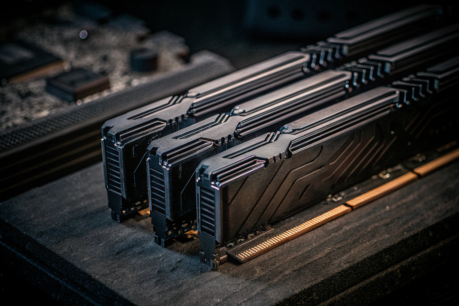 Detailaufnahme von DDR4 RAM-Modulen, die für Gaming-PCs geeignet sind. DDR4 RAM-Module für Gaming-PCs