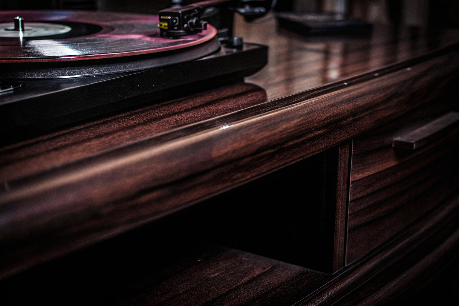Detailaufnahme von einem Vinyl-Player mit einer Schallplatte. Vinyl-Player