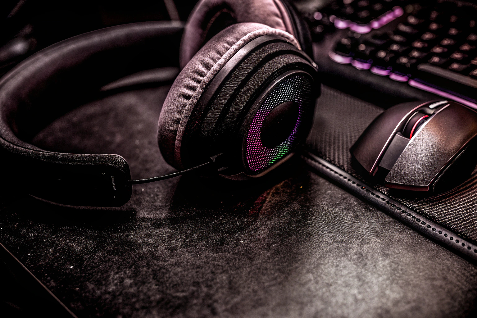Detailaufnahme von Gaming-Zubehör, darunter Headsets, Gaming-Mäusen und RGB-Mauspads. Gaming-Zubehör