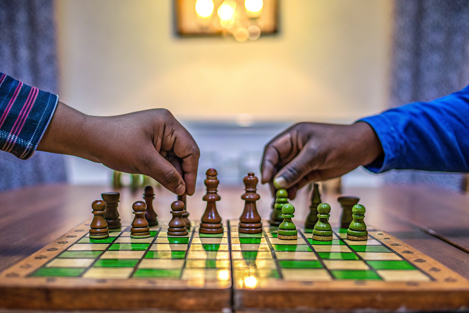 Detailaufnahme von zwei Spielern, die an einem Tisch gegeneinander antreten und strategische Züge planen. Spieler in einem Strategiespiel-Duell