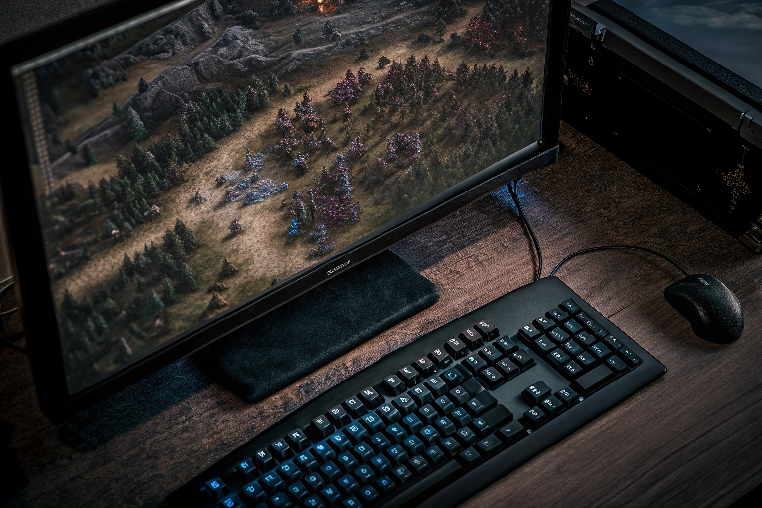 Detailreiche Darstellung eines strategischen PC-Spiels, das von einem erfahrenen Spieler gespielt wird. Strategie-PC-Spiel für Profis