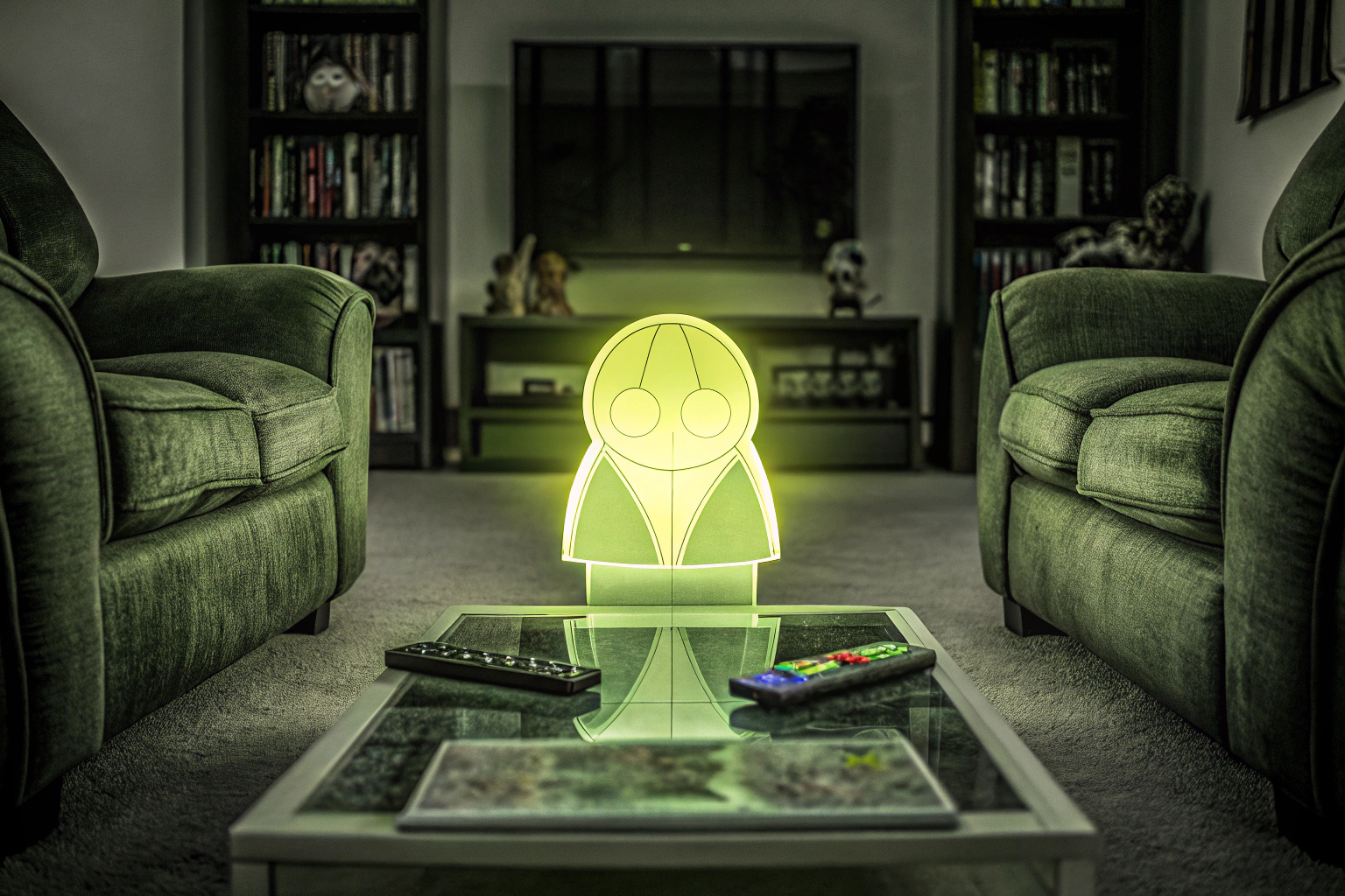 Die Grupo Erik LED Lampe Der Herr der Ringe leuchtet in einem Wohnzimmer. Der Herr der Ringe LED Lampe